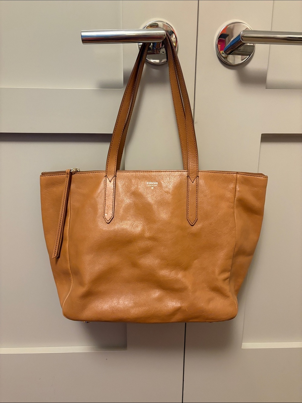 Fossil Sydney Shopper Tan Leather Zip-Top Tote